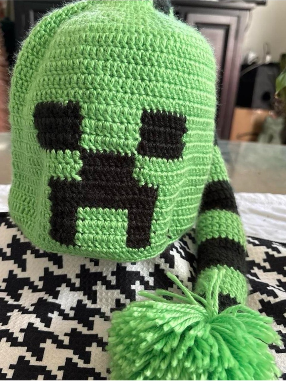 Green Creeper Knit Pom Beanie Hat for Kids